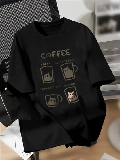 Cool Comfy Casual Versatile Boys Round Neck Short-sleeved 'COFFEE' Kittens Print T-shirt, Perfect Summer Clothing