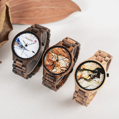 Wooden Watch Young Men's Ethnic Style And Landscape Painting Wooden Quartz Watch