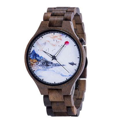 Wooden Watch Young Men's Ethnic Style And Landscape Painting Wooden Quartz Watch