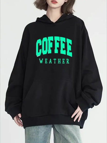 Women'S Fashion Coffee Print Hoodie, Long Sleeve, Crew Neck, With Pocket, Casual Pullover Sweatshirt, All-Season