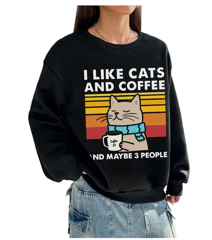 Women Basic Casual Pullover Spring Autumn Long Sleeve Cat Coffee Round Neck