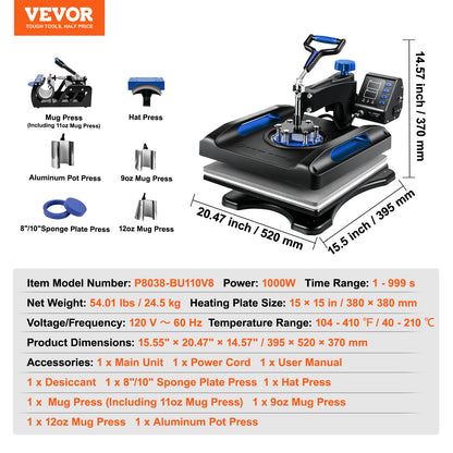 VEVOR Heat Press Machine 15 X 15 Inch 8 In 1 Heat Press 800W Sublimation Machine Rotation Swing Away 8 In 1 Shirt Printing Machine Dual-Tube Heating For DIY T-Shirts Cap & Mugs Blue