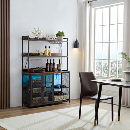 Coffee Bar Cabinet With Power Outlet, 3 Floor Wine Cooler Bar Counter For Home, Dining Room, Kitchen, Vintage Brown