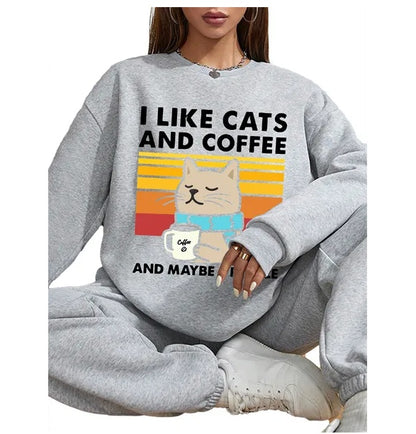 Women Basic Casual Pullover Spring Autumn Long Sleeve Cat Coffee Round Neck