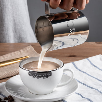 Stainless Steel Milk Frothing Jug, 600ml Milk Coffee Cappuccino Latte Art Sparkling Jug Barista Milk Jug Cups With Size Art Deco Pen And Microfibre Cloth Inside The Sides