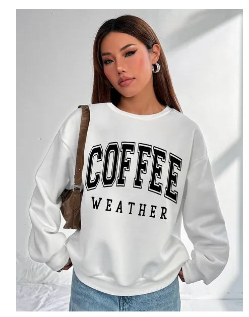 Women Basic Casual Pullover Spring Autumn Long Sleeve Coffee Letter Round Neck