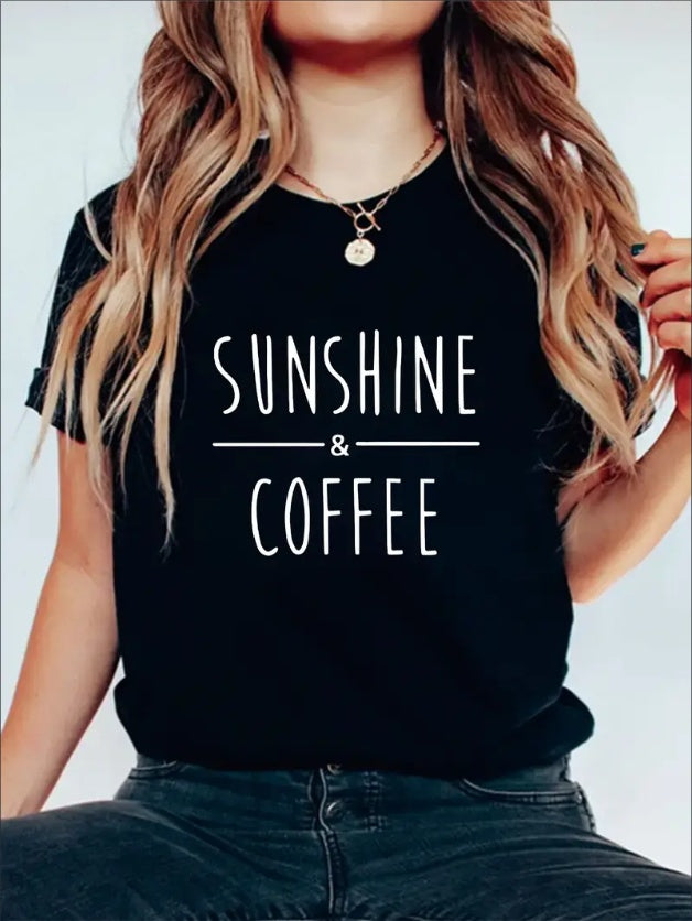 Sunshine Coffee Graphic Print Solid T-Shirt, Crew Neck Short Sleeve Casual Top For Summer & Spring, Women's Clothing