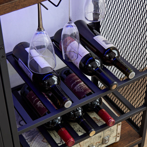 Coffee Bar Cabinet With Power Outlet, 3 Floor Wine Cooler Bar Counter For Home, Dining Room, Kitchen, Vintage Brown