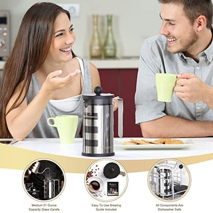 French Press Cafetiere 4 Cups, Stainless Steel Body Shell Coffee Maker- Heat Resistant - Stainless Steel Filter Coffee Press For Coffee Lover, Silver, 350 Ml & 600ml