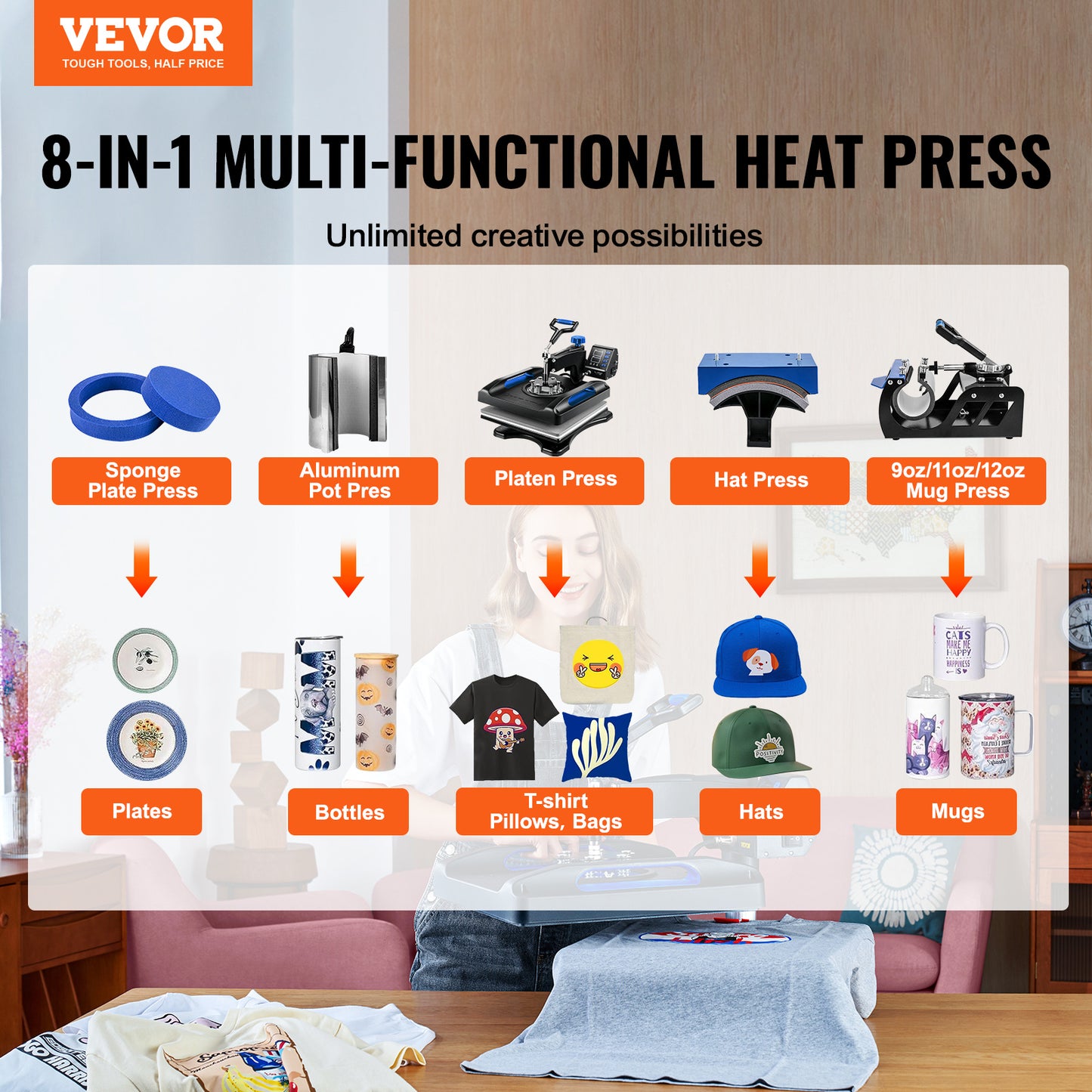 VEVOR Heat Press Machine 15 X 15 Inch 8 In 1 Heat Press 800W Sublimation Machine Rotation Swing Away 8 In 1 Shirt Printing Machine Dual-Tube Heating For DIY T-Shirts Cap & Mugs Blue