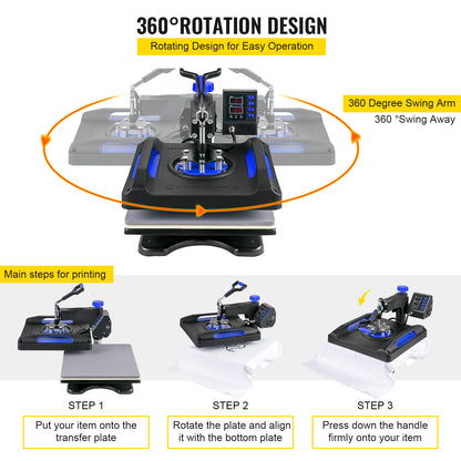 VEVOR Heat Press Machine 15 X 15 Inch 8 In 1 Heat Press 800W Sublimation Machine Rotation Swing Away 8 In 1 Shirt Printing Machine Dual-Tube Heating For DIY T-Shirts Cap & Mugs Blue