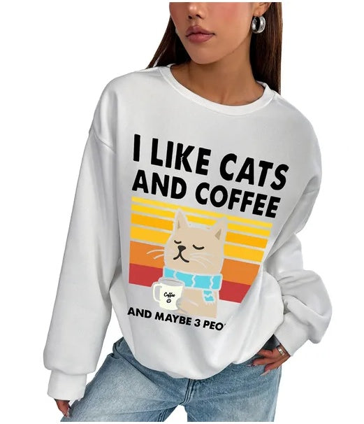 Women Basic Casual Pullover Spring Autumn Long Sleeve Cat Coffee Round Neck