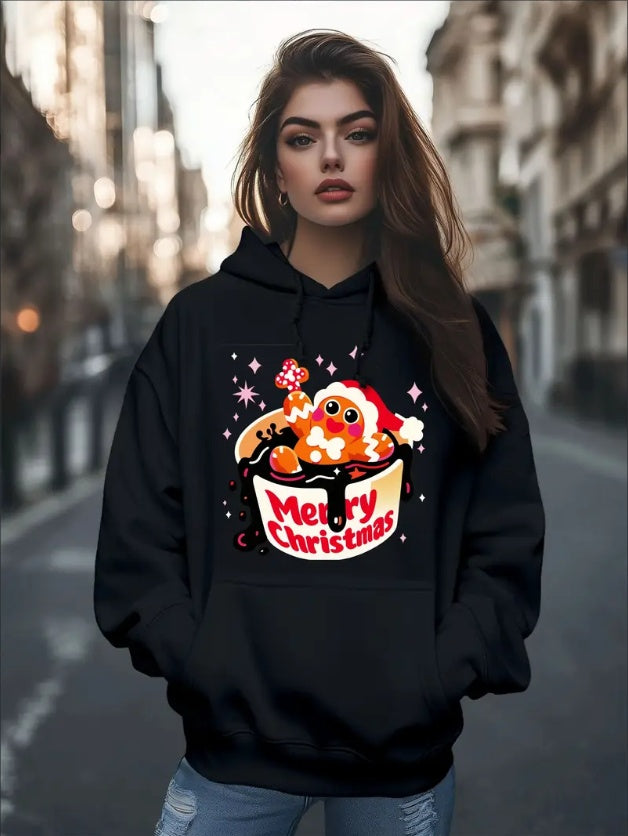 Women'S Fashion Christmas Cute Cartoon Gingerbread Man Stars Coffee Mug Print Hoodies Long Sleeve Hood Sweatshirt Loose Fit Tops Fall Streetwear