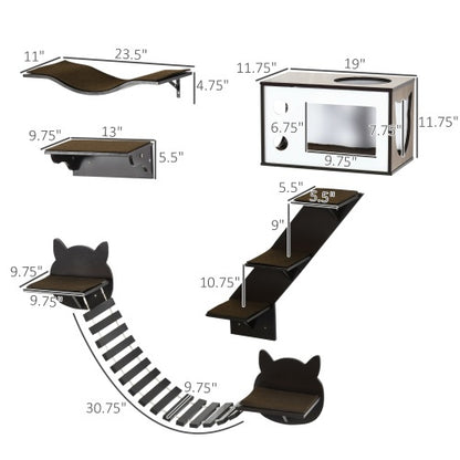 PawHut Cat Shelves With Ergonomically Curved Platform, Cozy Cat House, Bridge, Easy Stairs, And Flat Perch, Wall-Mounted Cat Tree Climbing Playground, Modern Cat Tree, Coffee Brown