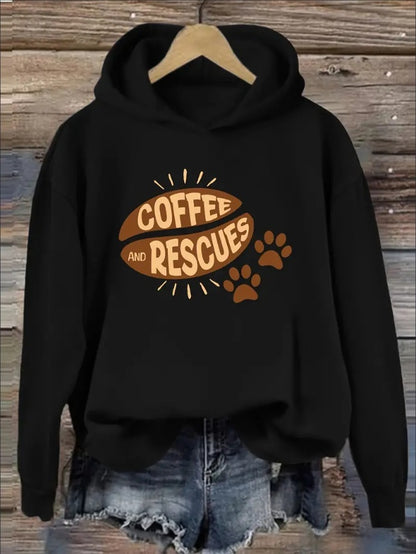 Women'S Casual  Hoodie With Coffee & Paw Print Hooded Sweatshirt With Alphabet & Animal Motif For Fall Winter - Versatile Graphic Print Hooded Top For Spring Fall