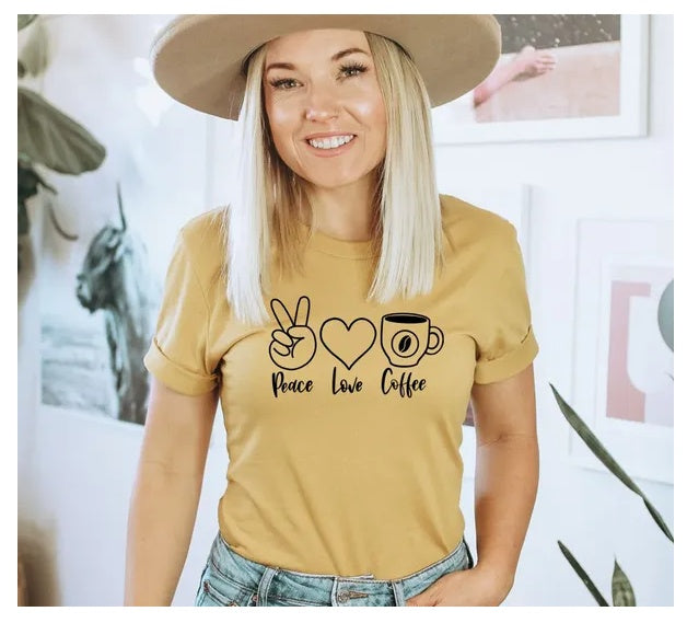 Peace Love Coffee T-shirt, Love Coffee Shirt, Coffee Gift, Birthday Tee, Summer Top, Women's Shirts, Hippie Gift, Vegan T-shirt, Mom Tee